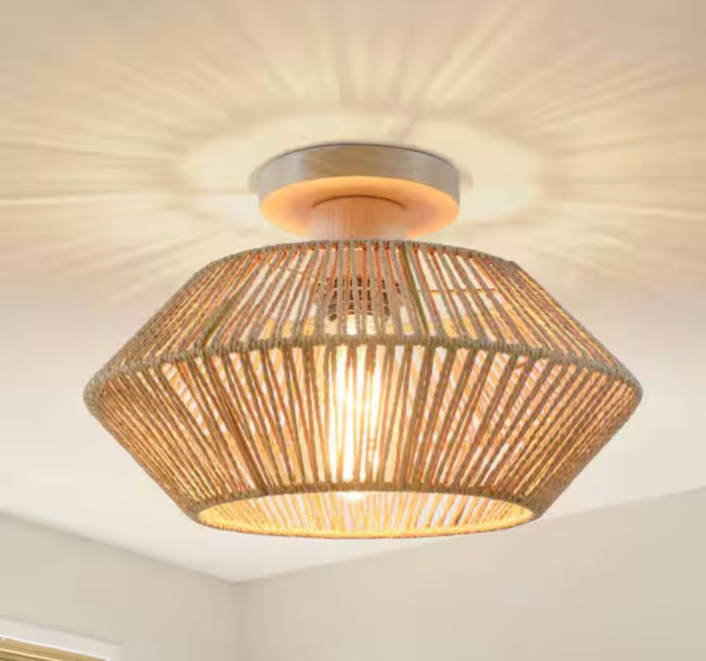 1-Light Bohemian Rattan Semi Flush Mount Ceiling Light