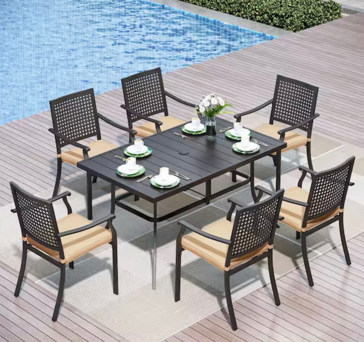 7-Piece Metal Patio Outdoor Dining Sets with Beige Cushions