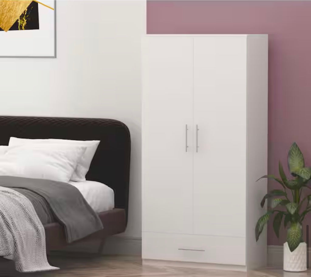 White 2-Door Wardrobe Armoire with 1-Drawers and Hanging Rod