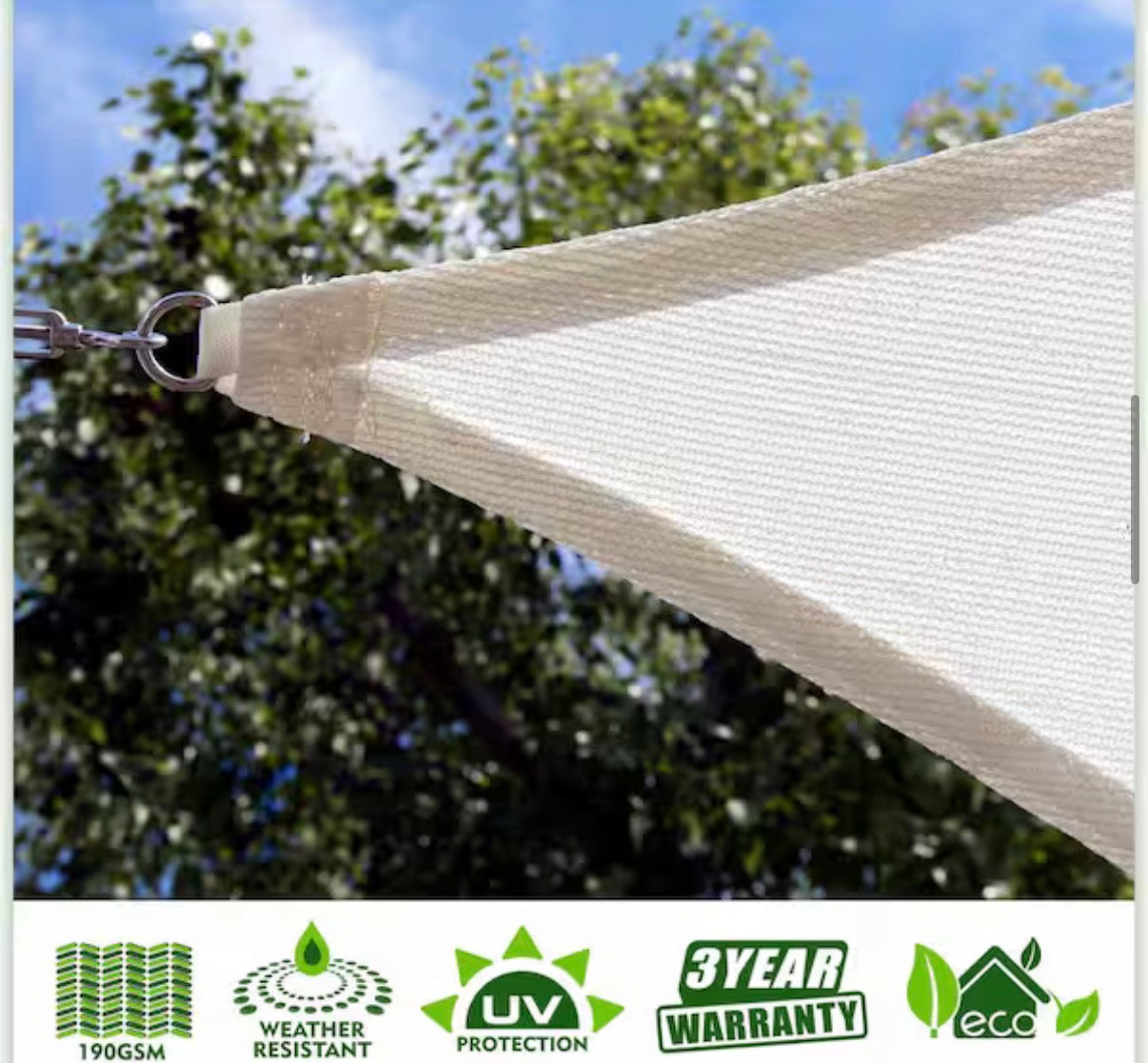 12 ft. x 12 ft. 190 GSM White Triangle Sun Shade Sail Screen