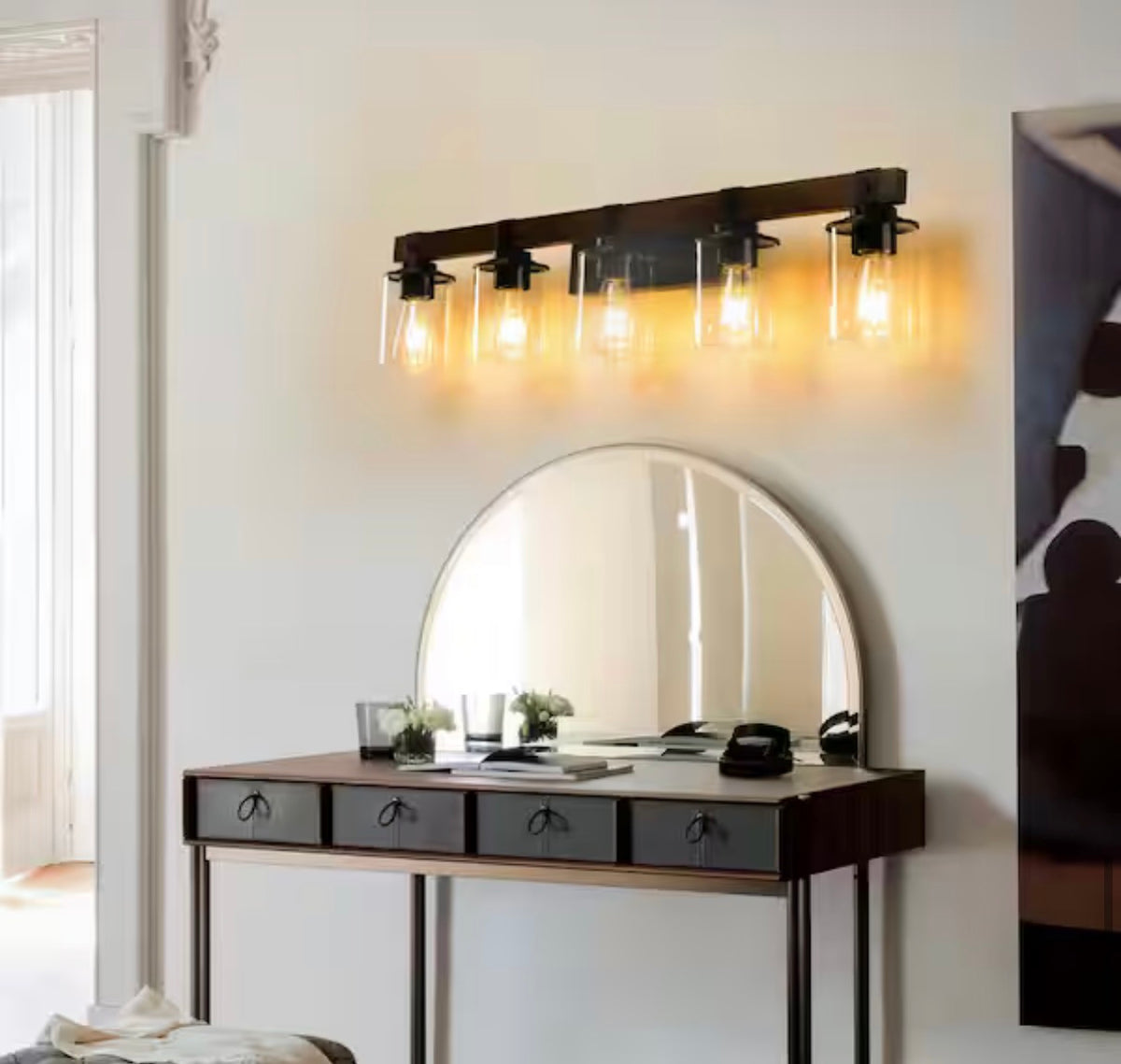 5-Light Walnut and Black Bathroom Vanity Light