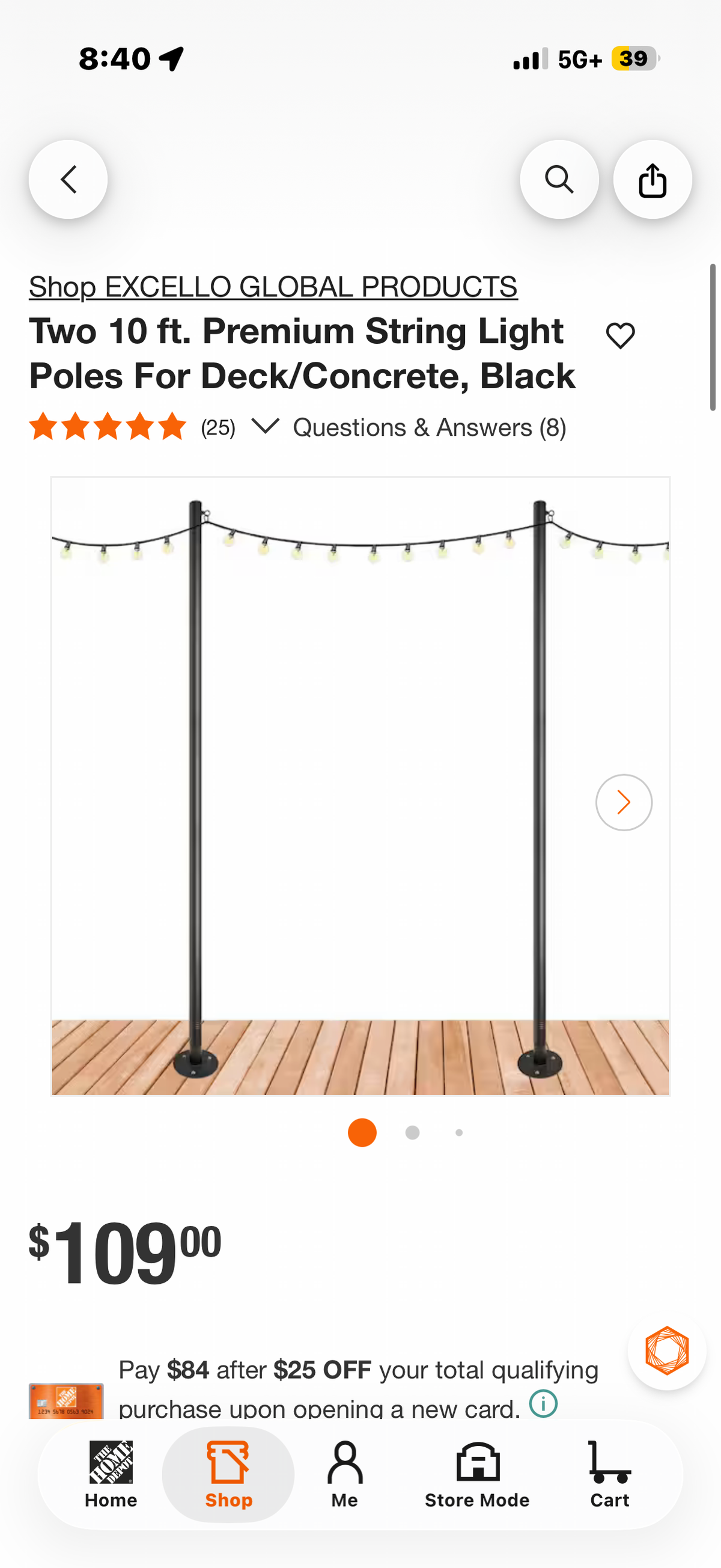 Two 10 ft. Premium String Light Poles For Deck/Concrete, Black