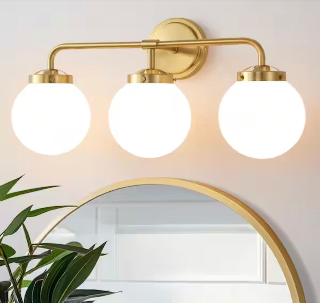3-Light Gold Bathroom Vanity Light with Opal Glass Shades