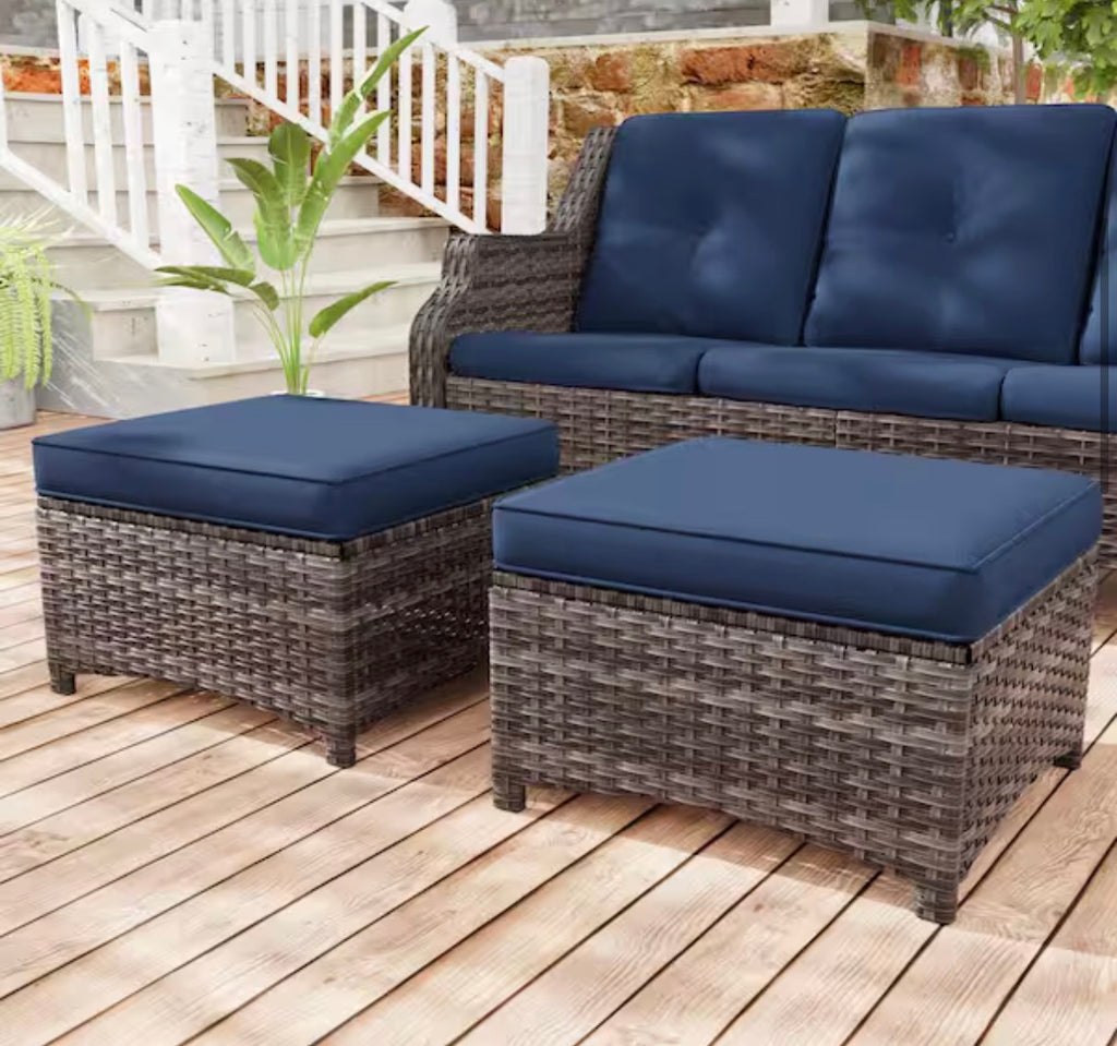 Wicker Outdoor Patio Ottoman with Blue Cushions (Set of 2)