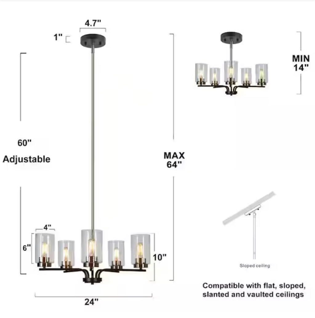 5-Light Brass and Black Candlestick Chandelier