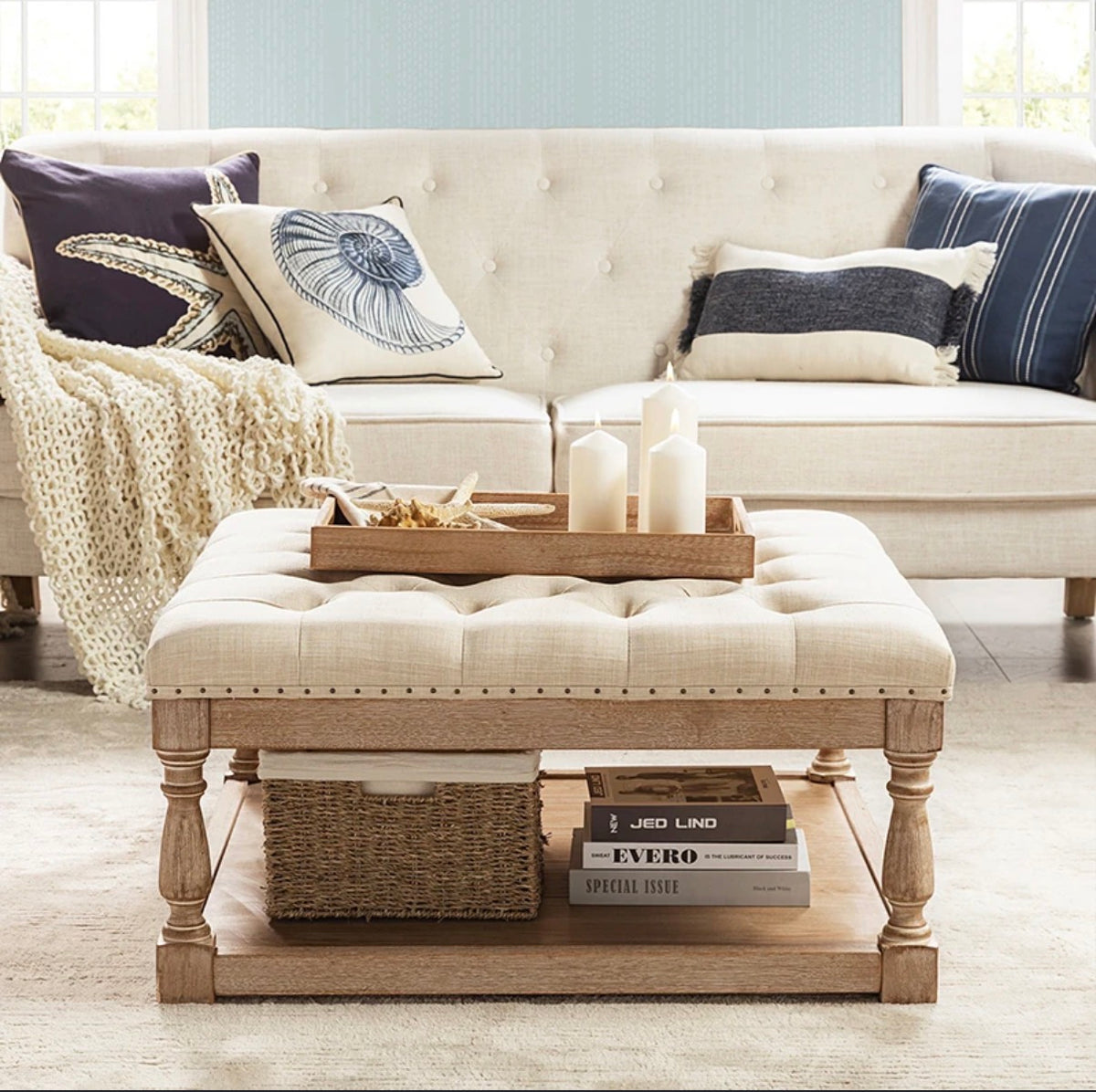 Boyan shelved tufted cocktail ottoman - Linen