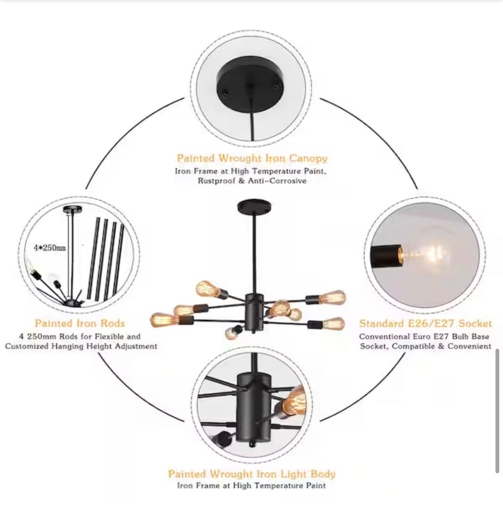 8-Light Black Modern Sputnik Chandelier