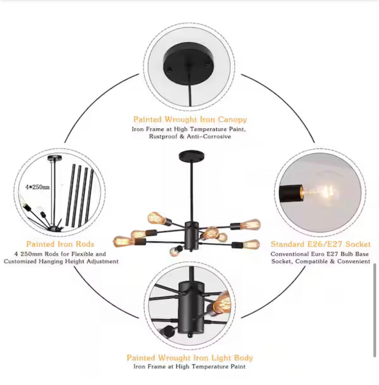 8-Light Black Modern Sputnik Chandelier