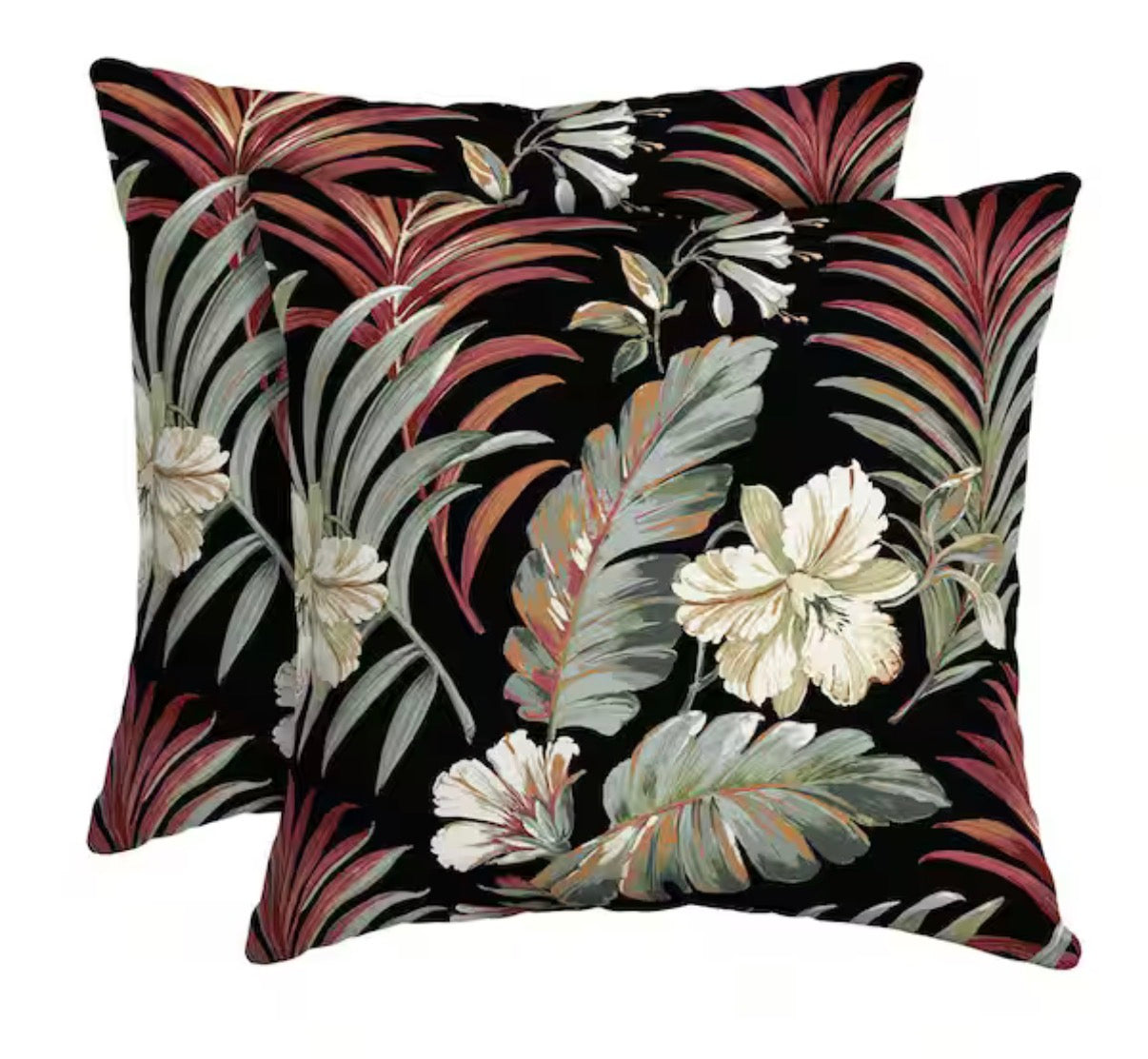 16 in. x 16 in. Simone Black Tropical Outdoor Square Pillow (2-Pack)