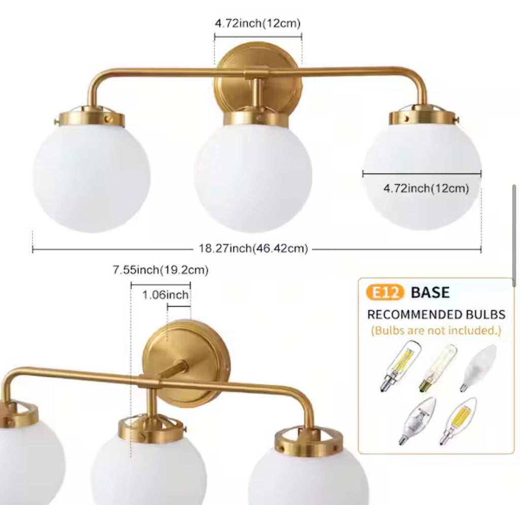 3-Light Gold Bathroom Vanity Light with Opal Glass Shades