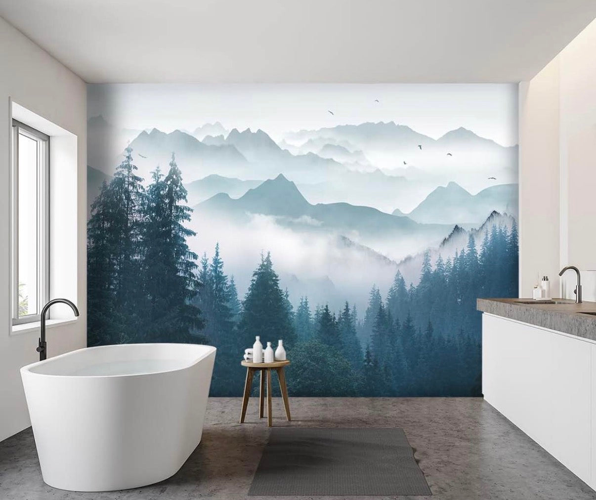 Foggy Forest Pine Scenery Fabric Wallpaper