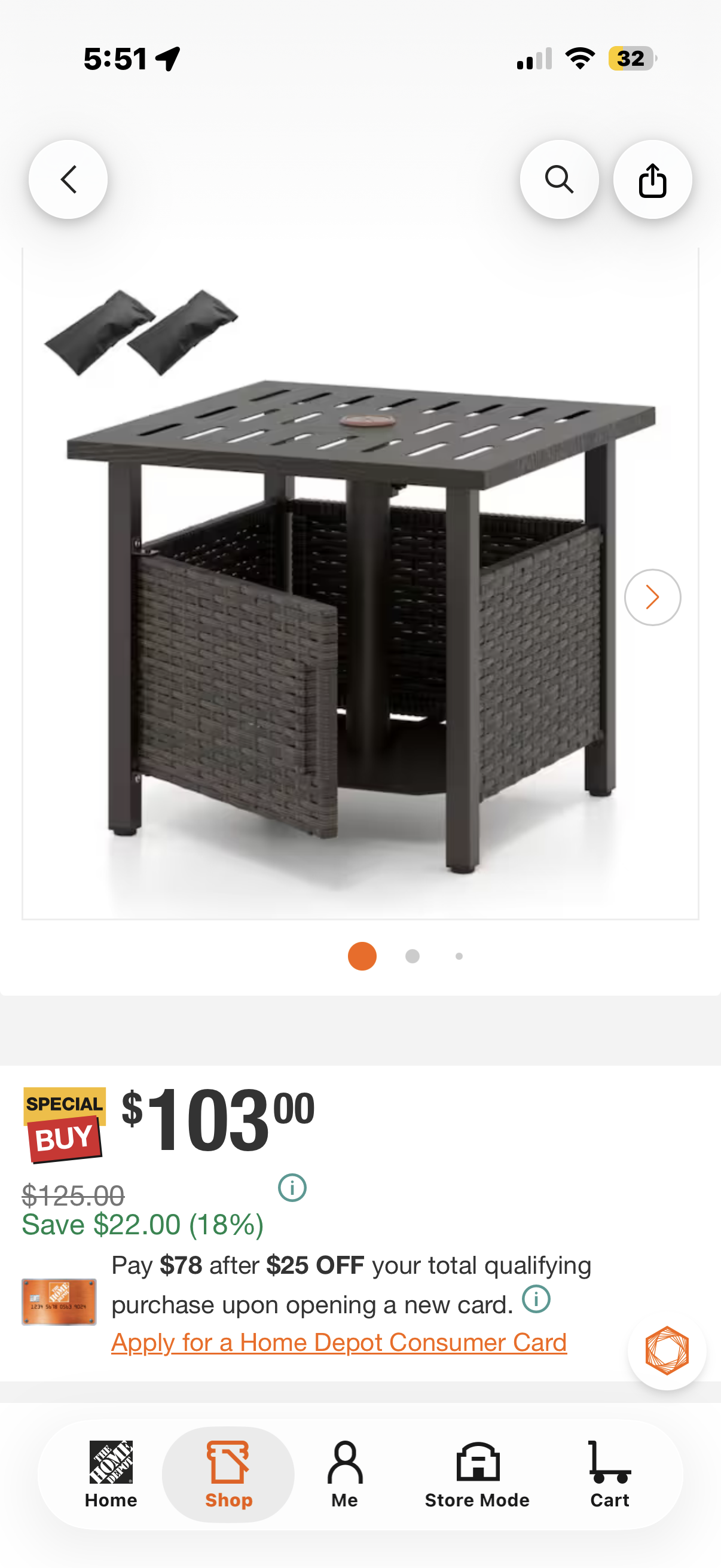 Square Outdoor Side Table with Umbrella Hole and Sand Bags