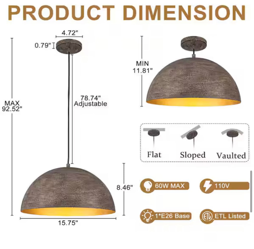 16 in. Vintage Distressed Wood-Grain Dome Pendant Light