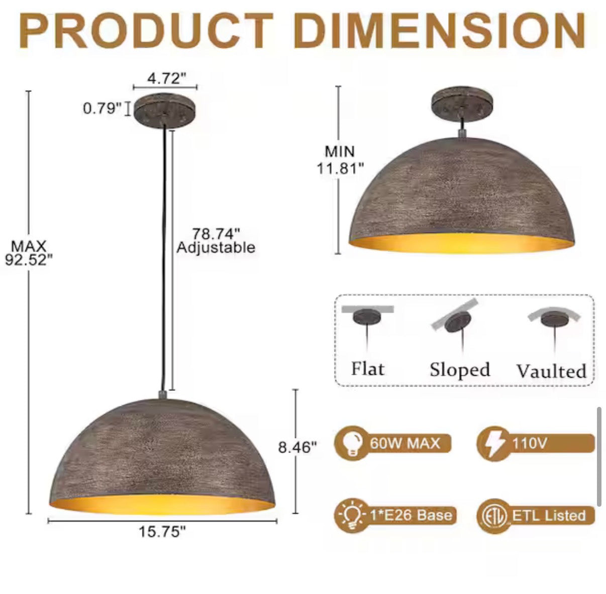 16 in. Vintage Distressed Wood-Grain Dome Pendant Light