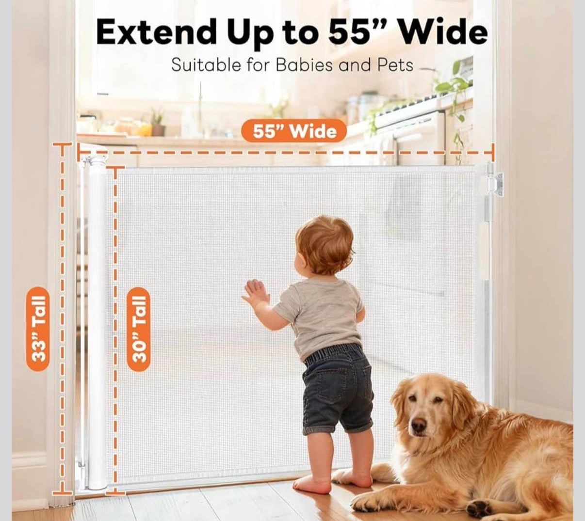 55" Wide x 33" Tall Mesh Dog Gate for Indoor & Outdoor