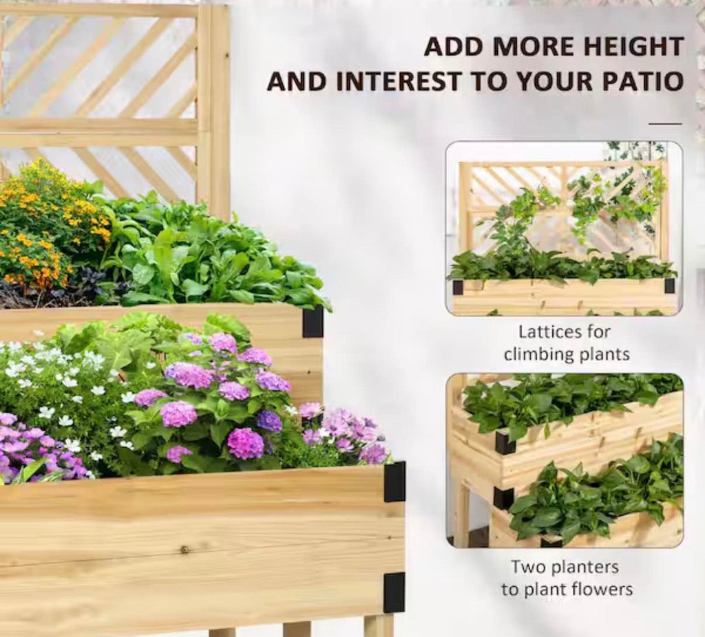 Natural 2-Tier Wooden Raised Garden Bed with Trellis