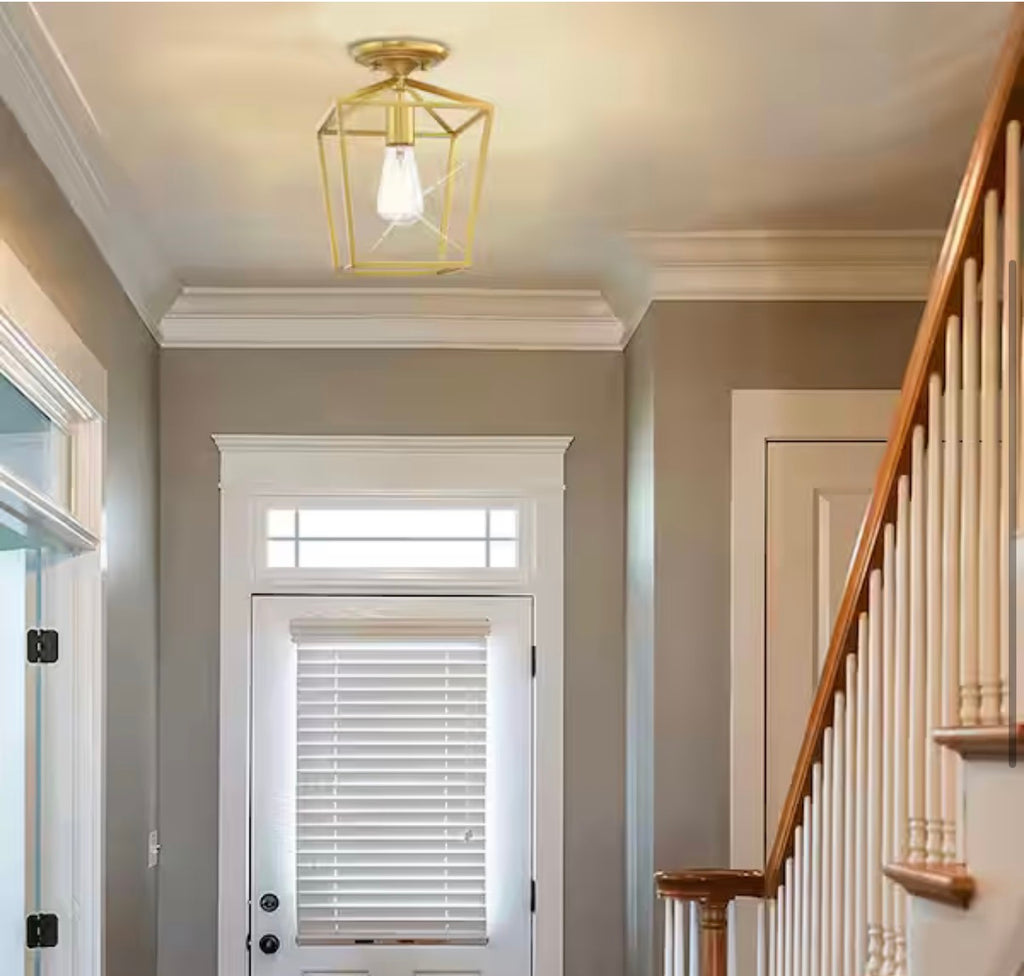 1-Light 8 in. Brushed Gold Semi Flush Mount Light