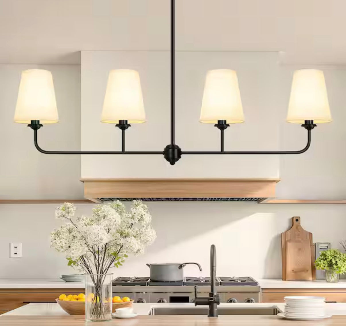Modern 4-Light Linear Chandelier with Fabric Shades