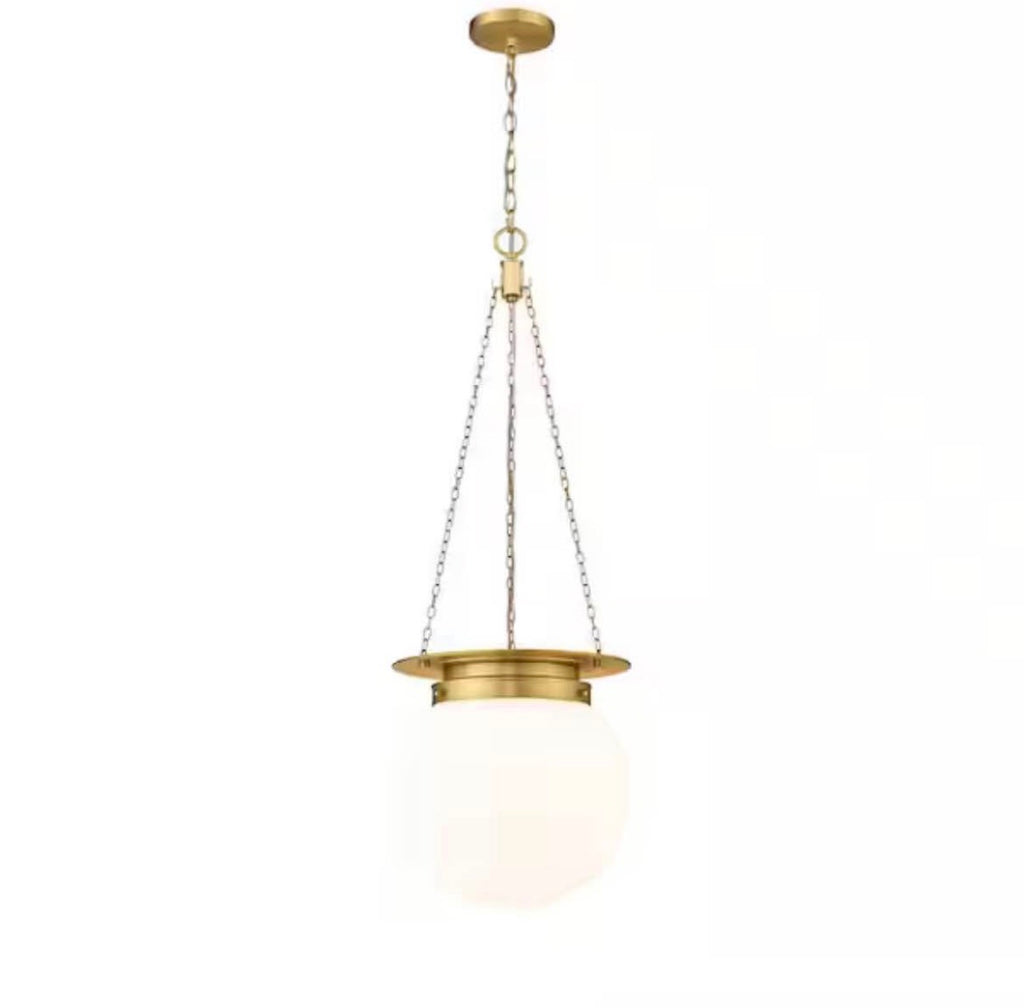 13 in. 1-Light Heritage Brass Pendant Light with White Opal Glass Shade