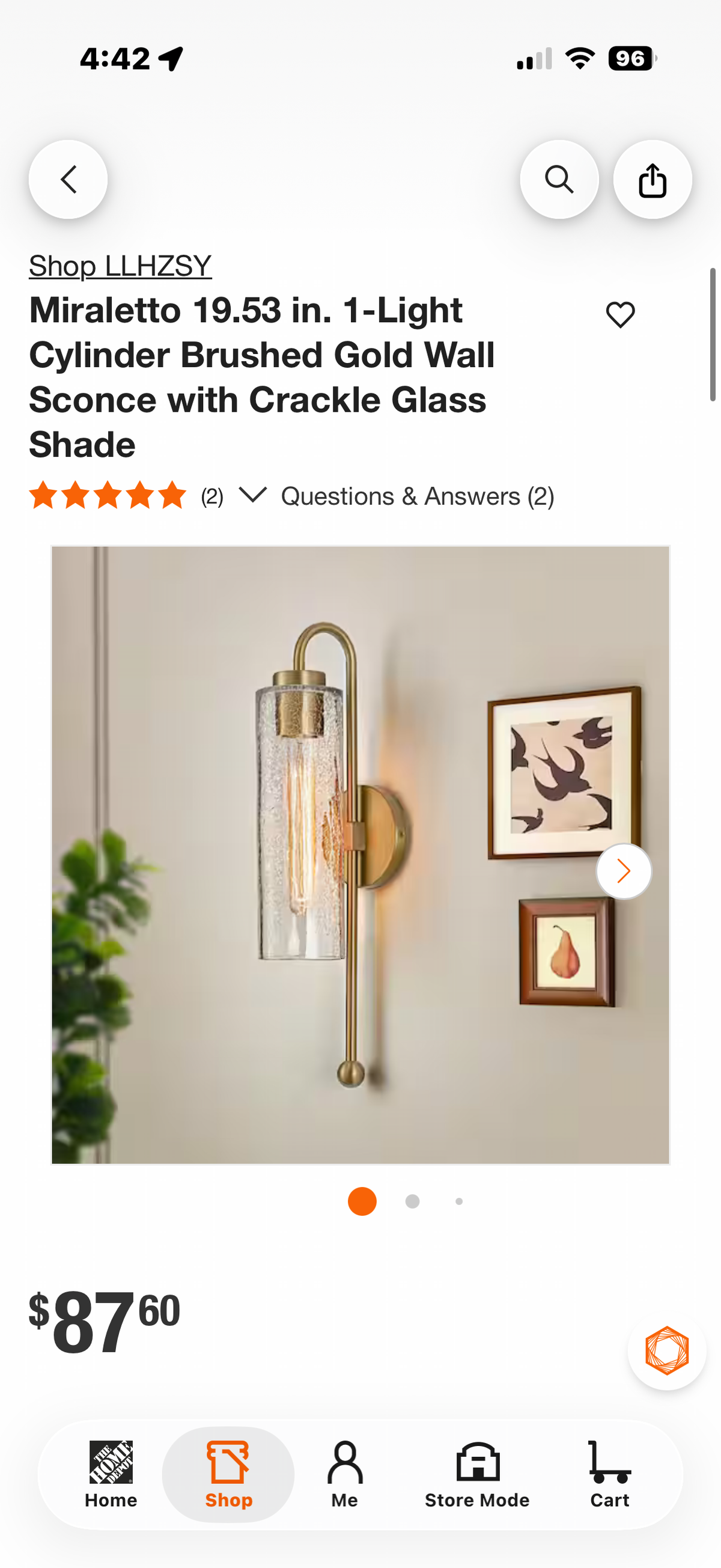 Miraletto 1-Light Cylinder Brushed Gold Wall Sconce