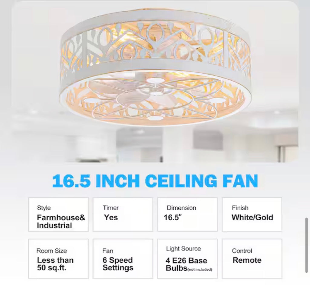 16.5 in. Gold/White Flush Mount  Ceiling Fan with Light Kit