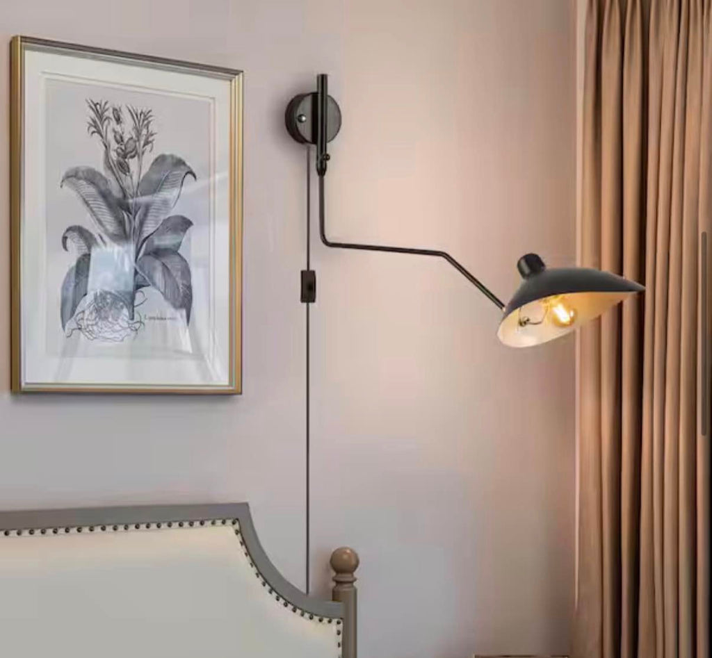 Modern 9.8 in. 1-Light Plug in Wall Sconces with Black Swing Arm Shade