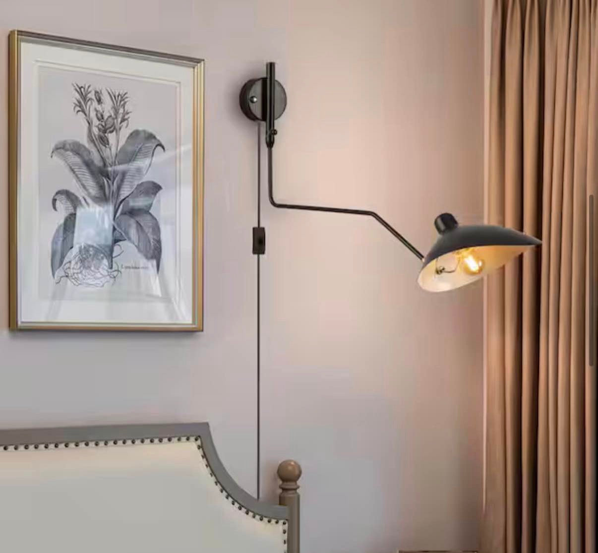 Modern 9.8 in. 1-Light Plug in Wall Sconces with Black Swing Arm Shade