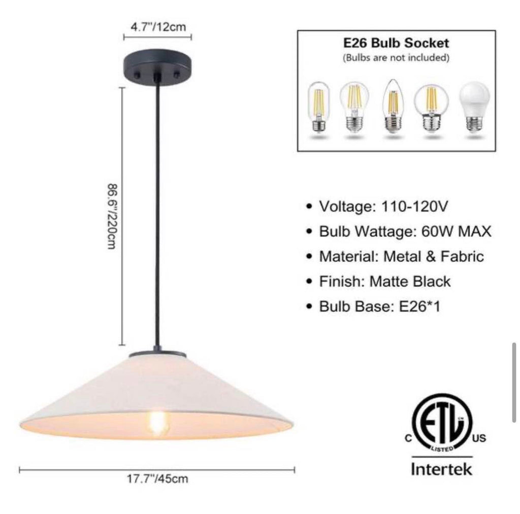 Noto 17.7 in. 1-Light Black Pendant Light with Fabric Cone Shade