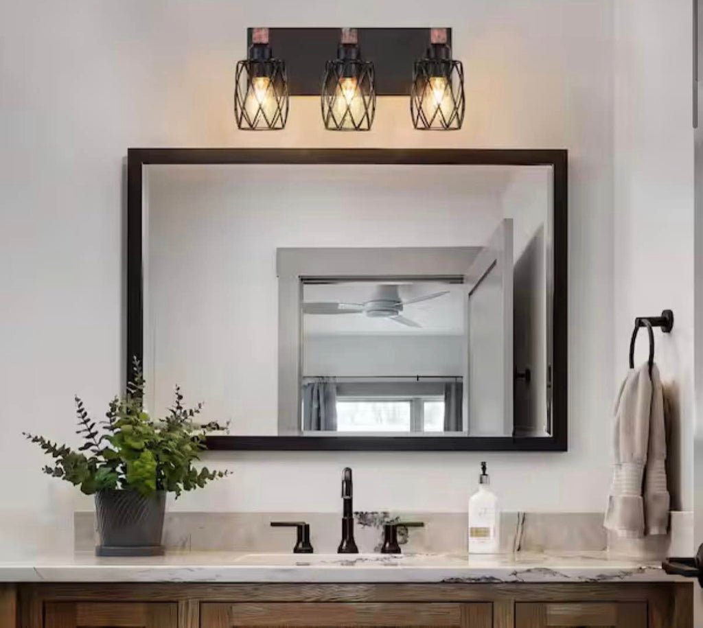 3-Light Black and Walnut Cage Vanity Light