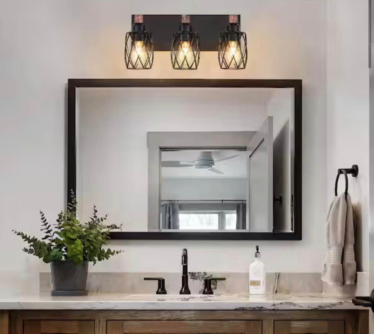3-Light Black and Walnut Cage Vanity Light