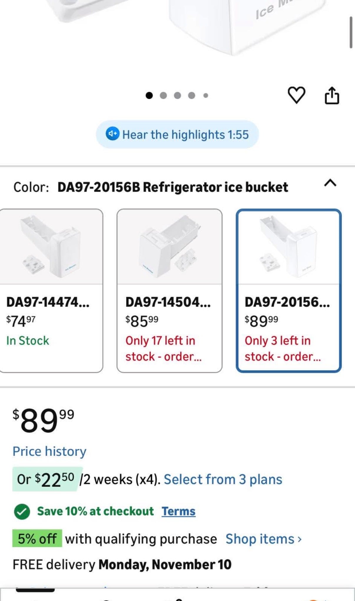Ice Bucket for Samsung Refrigerator