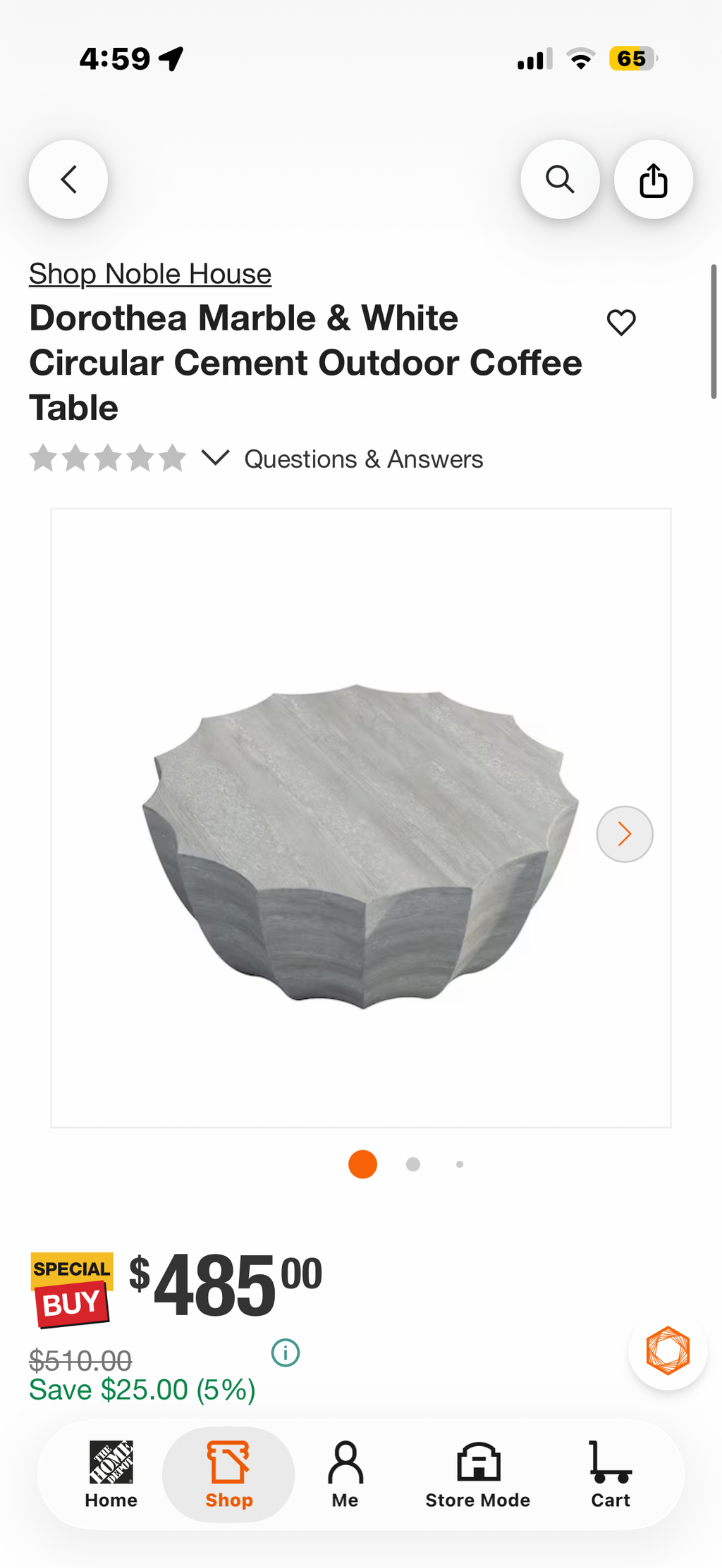 Marble & White Circular Cement Outdoor Coffee Table