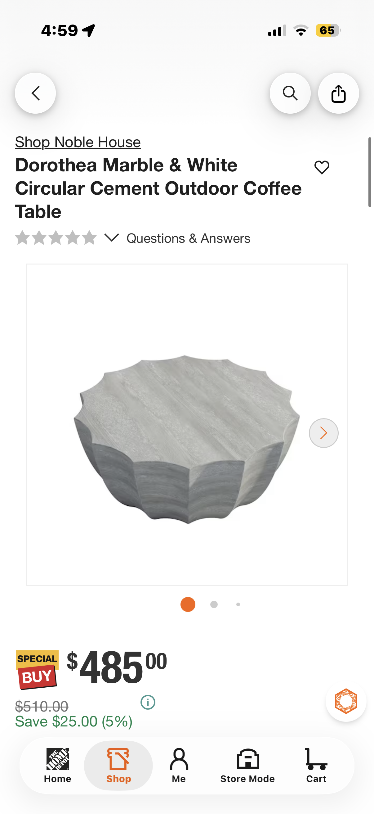 Marble & White Circular Cement Outdoor Coffee Table