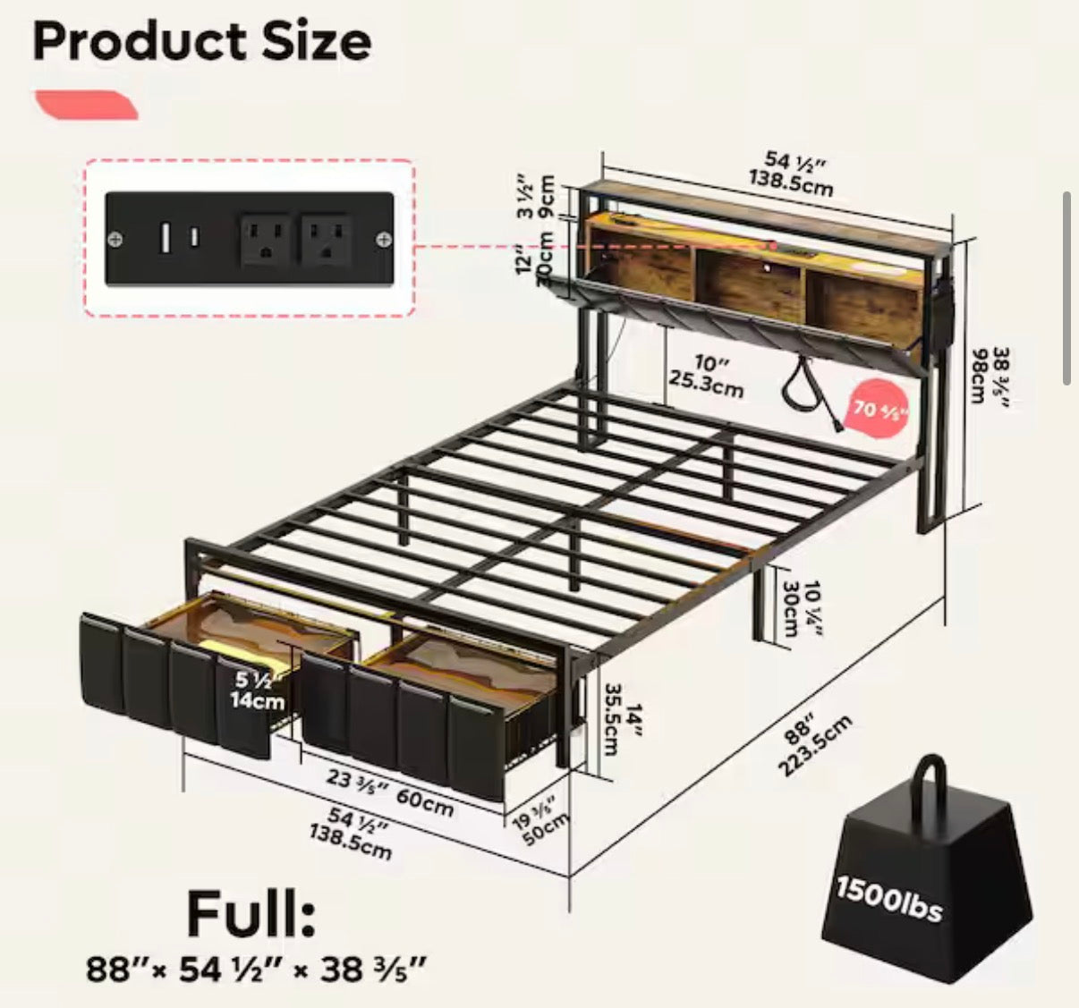 Metal Frame Full Size Platform Bed with Charge Station