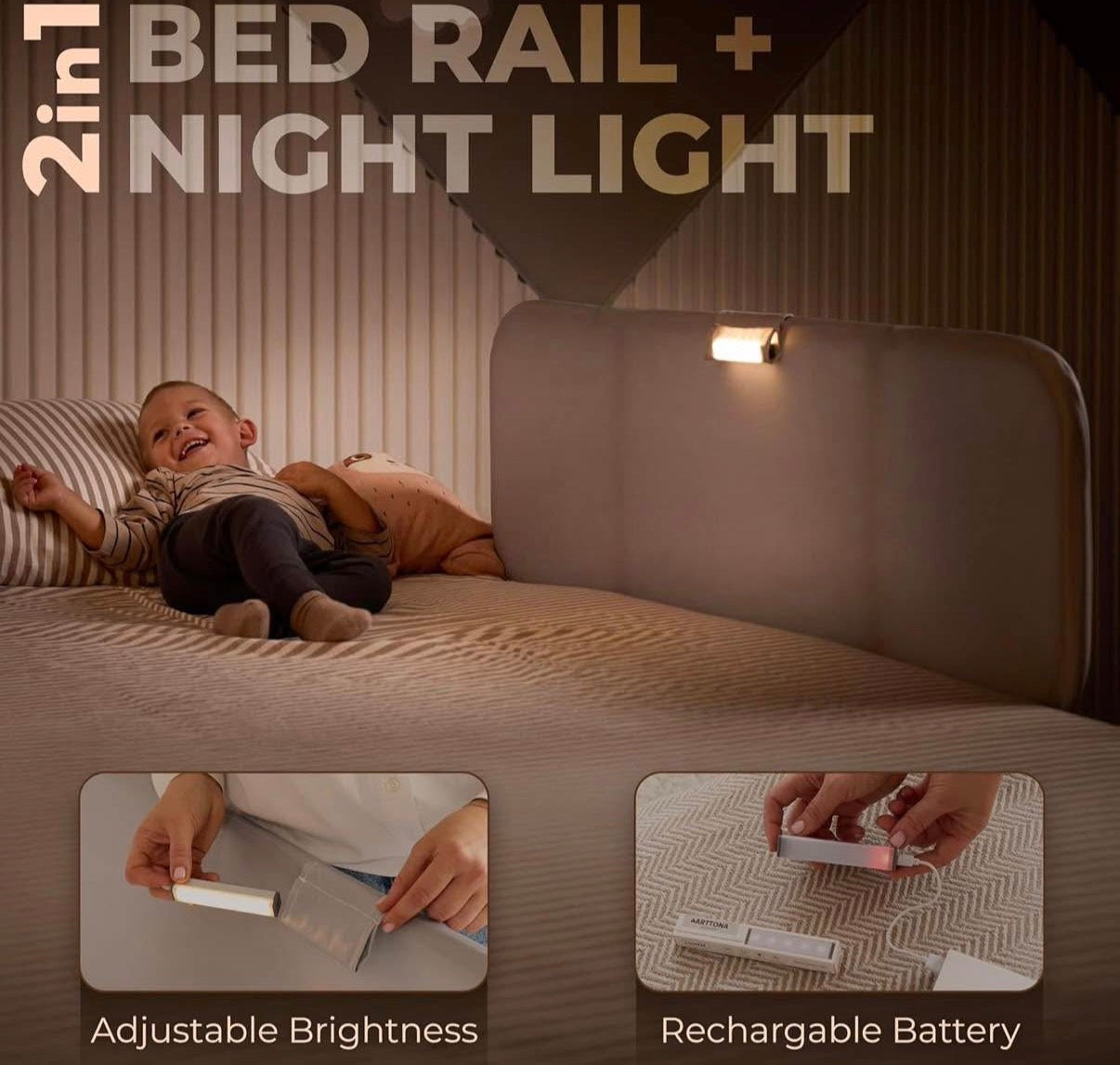Foldable Bed Side Rails with Night Light 48 inch