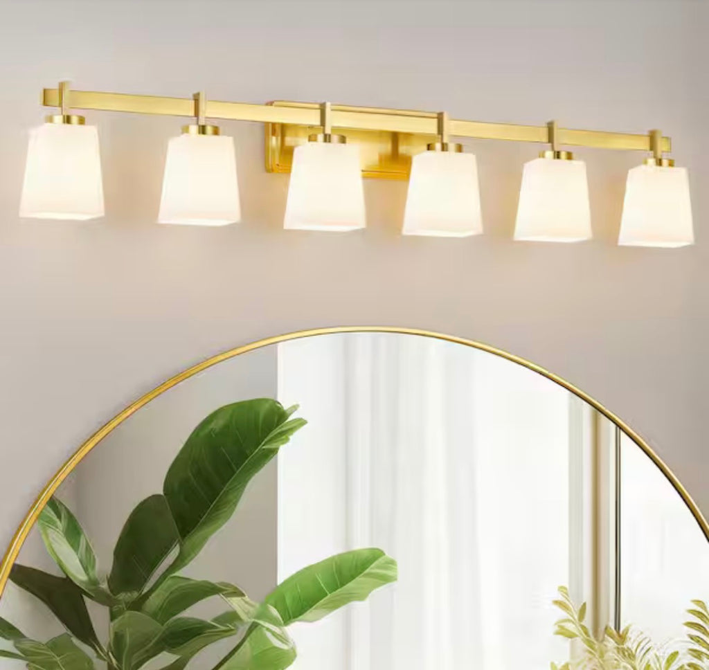 6-Light Gold Bathroom Vanity Light with Milk Glass Shades