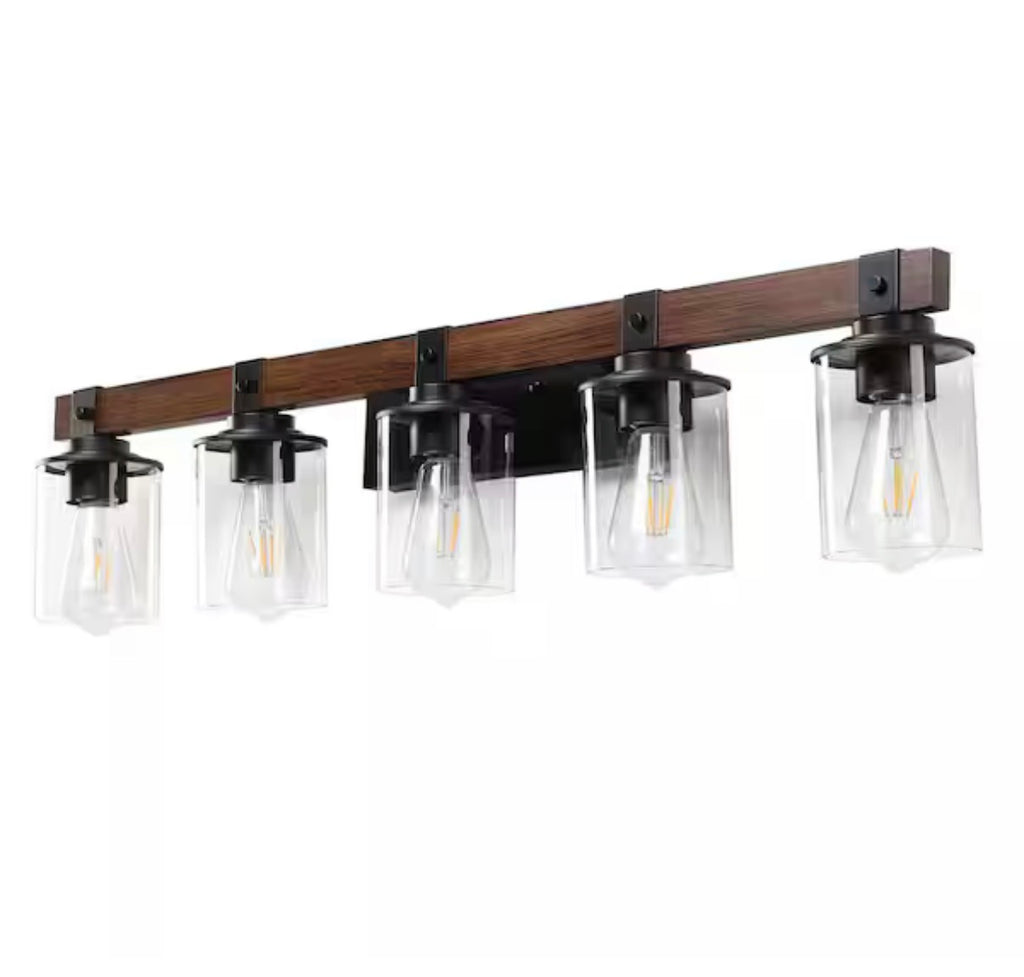 5-Light Walnut and Black Bathroom Vanity Light