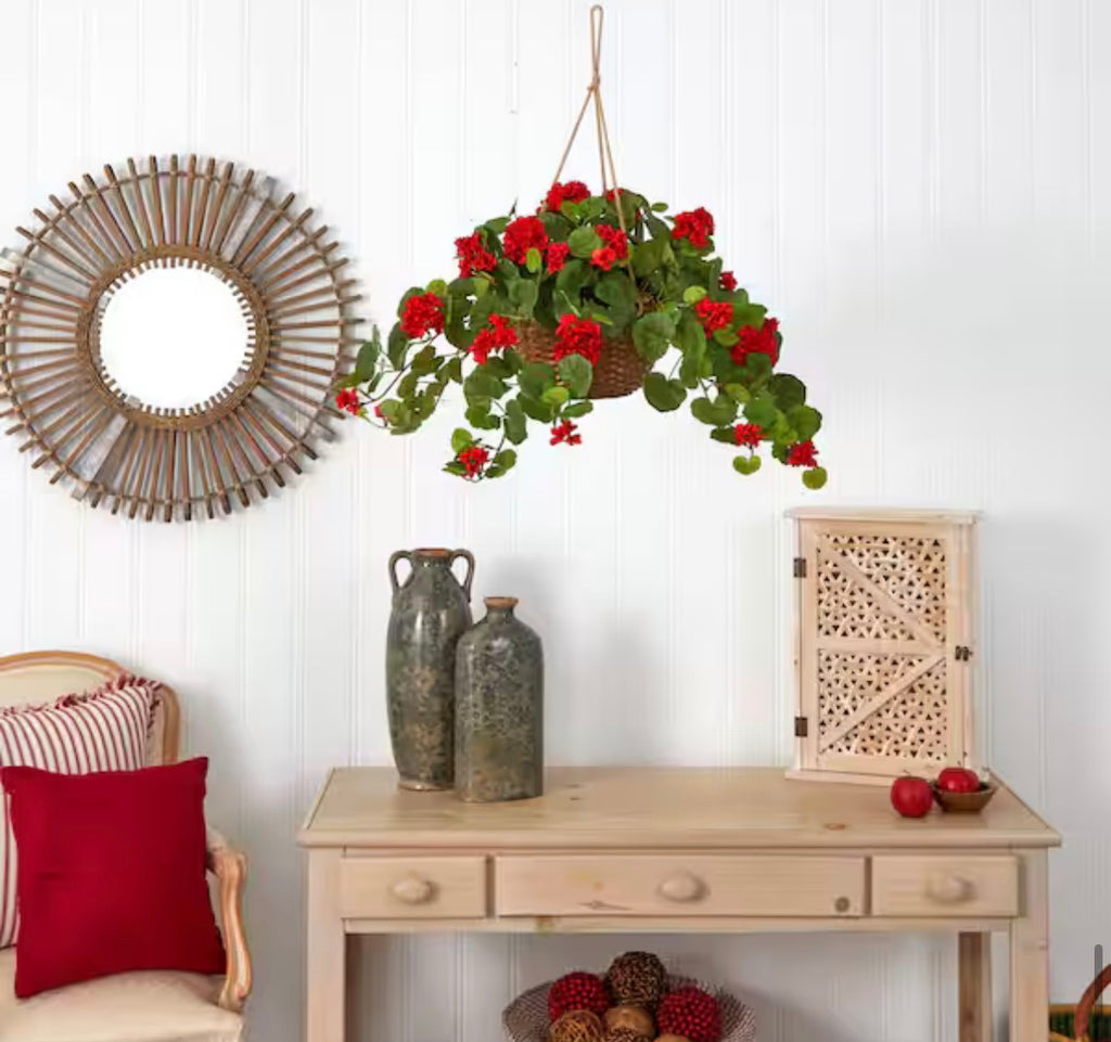 24 in. Artificial Geranium Silk Hanging Basket