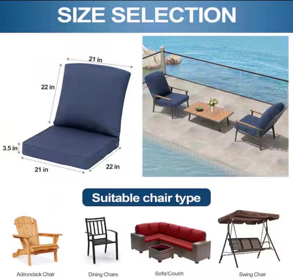 21 in. x 22 in. Outdoor Chair Cushion in Navy Blue