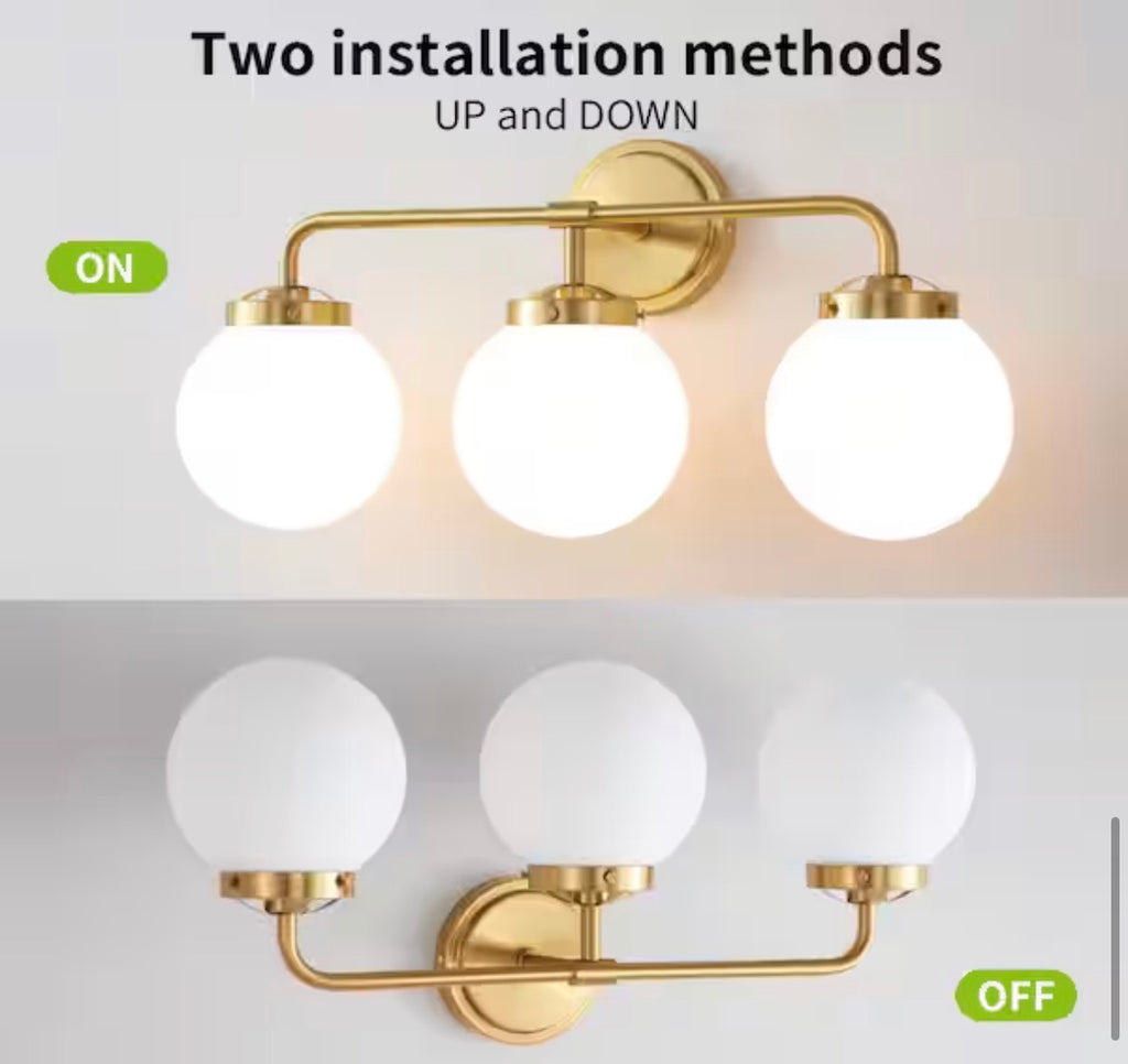 3-Light Gold Bathroom Vanity Light with Opal Glass Shades