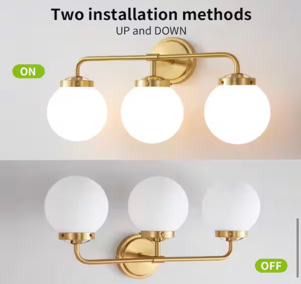 3-Light Gold Bathroom Vanity Light with Opal Glass Shades