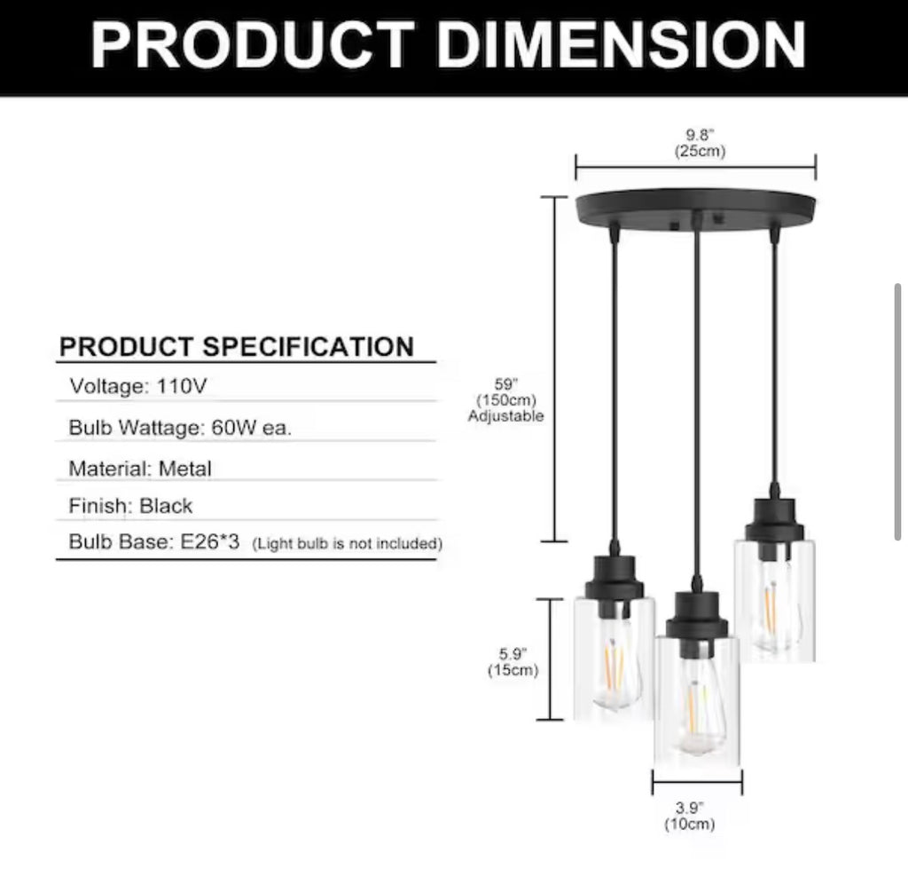 3-Light Black Vintage Cluster Hanging Ceiling Pendant light