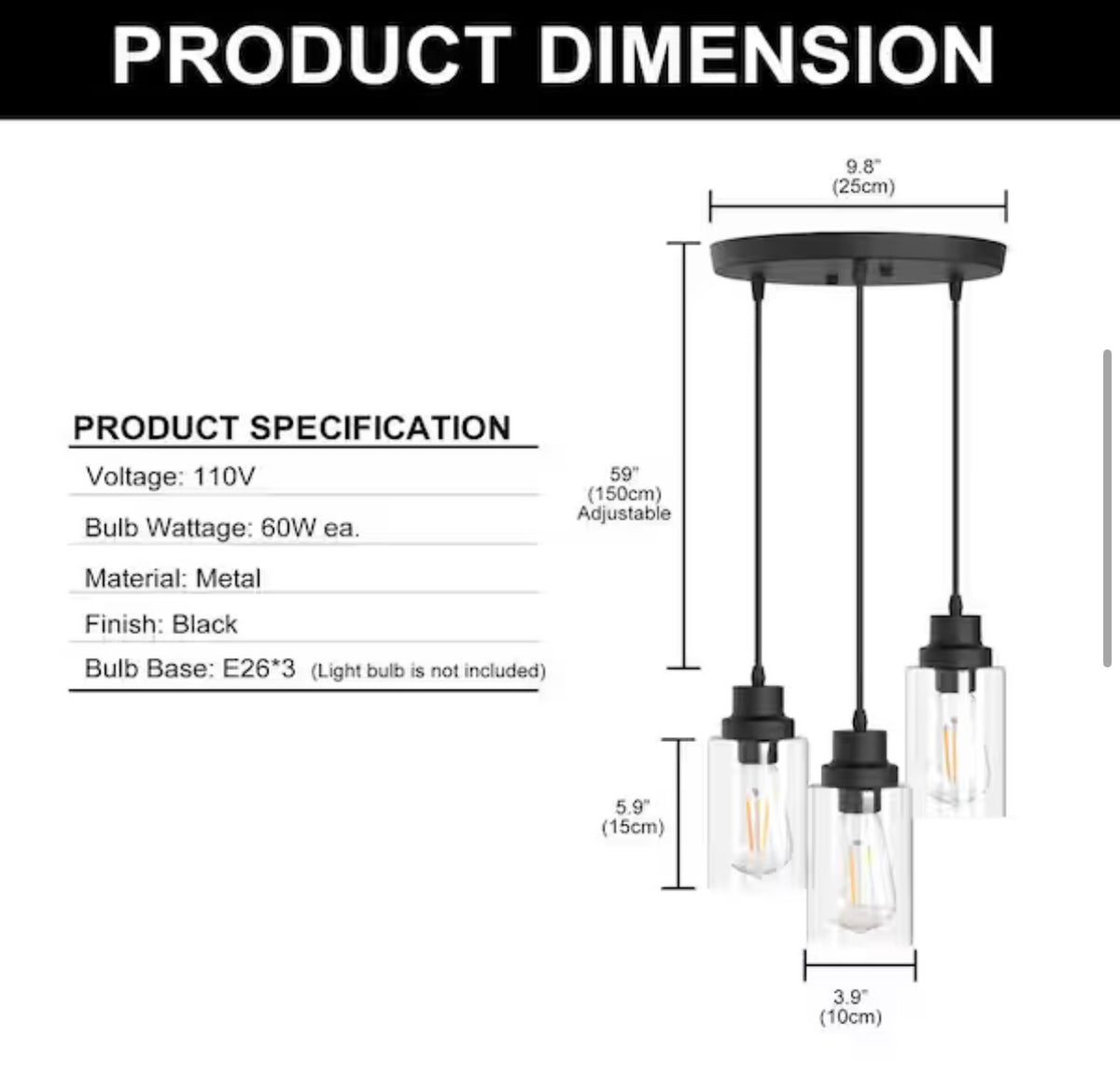 3-Light Black Vintage Cluster Hanging Ceiling Pendant light