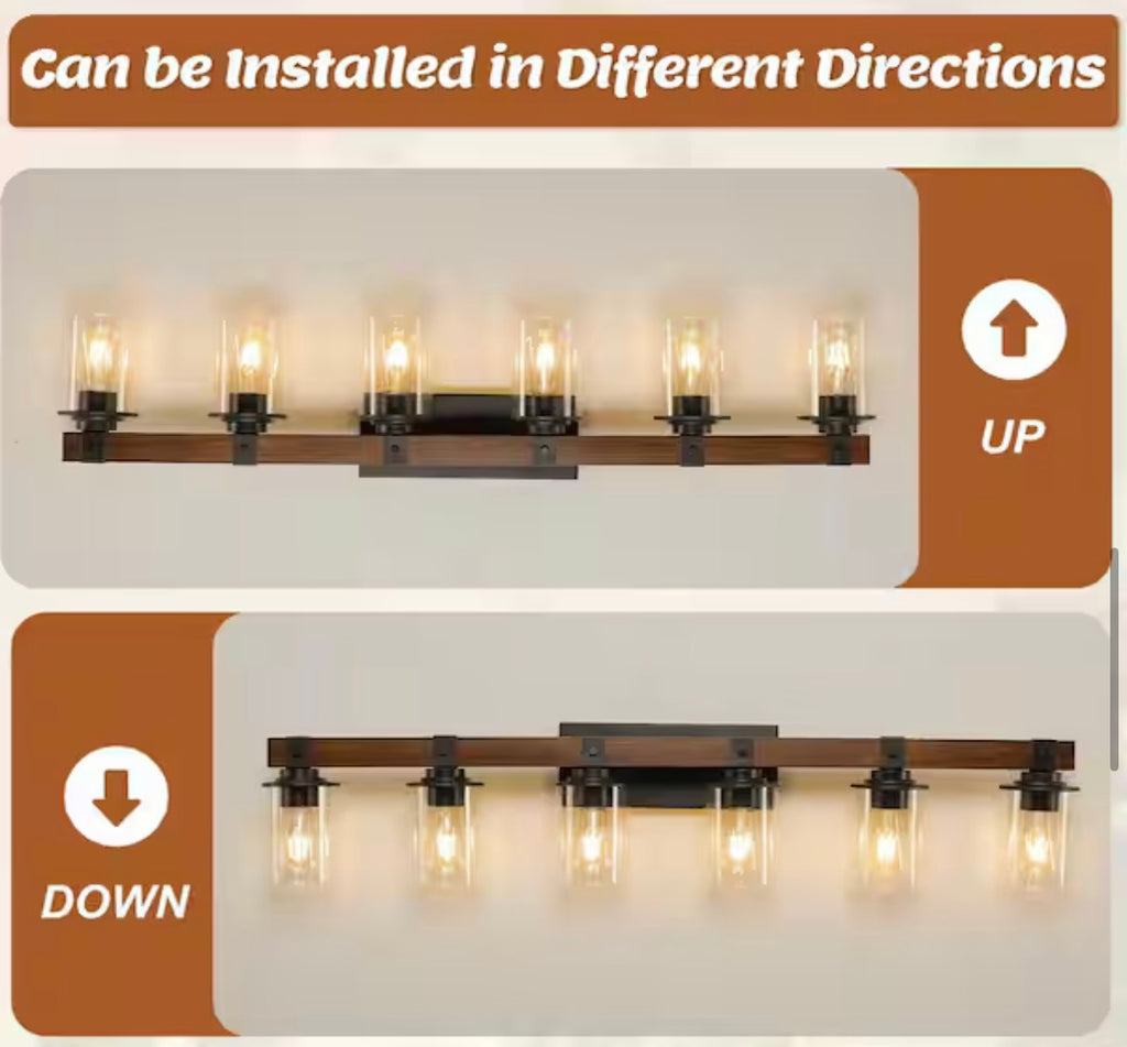 6-Light Walnut and Black Bathroom Vanity Light