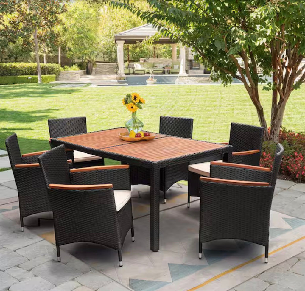 7-Piece Wicker Outdoor Dining Set with Wood Top