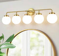 Modern 5-Light Gold Vanity Light with White Glass Globes