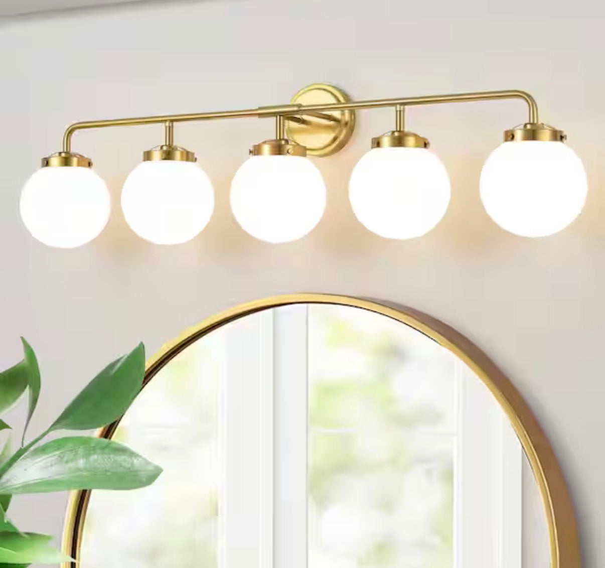 Modern 5-Light Gold Vanity Light with White Glass Globes