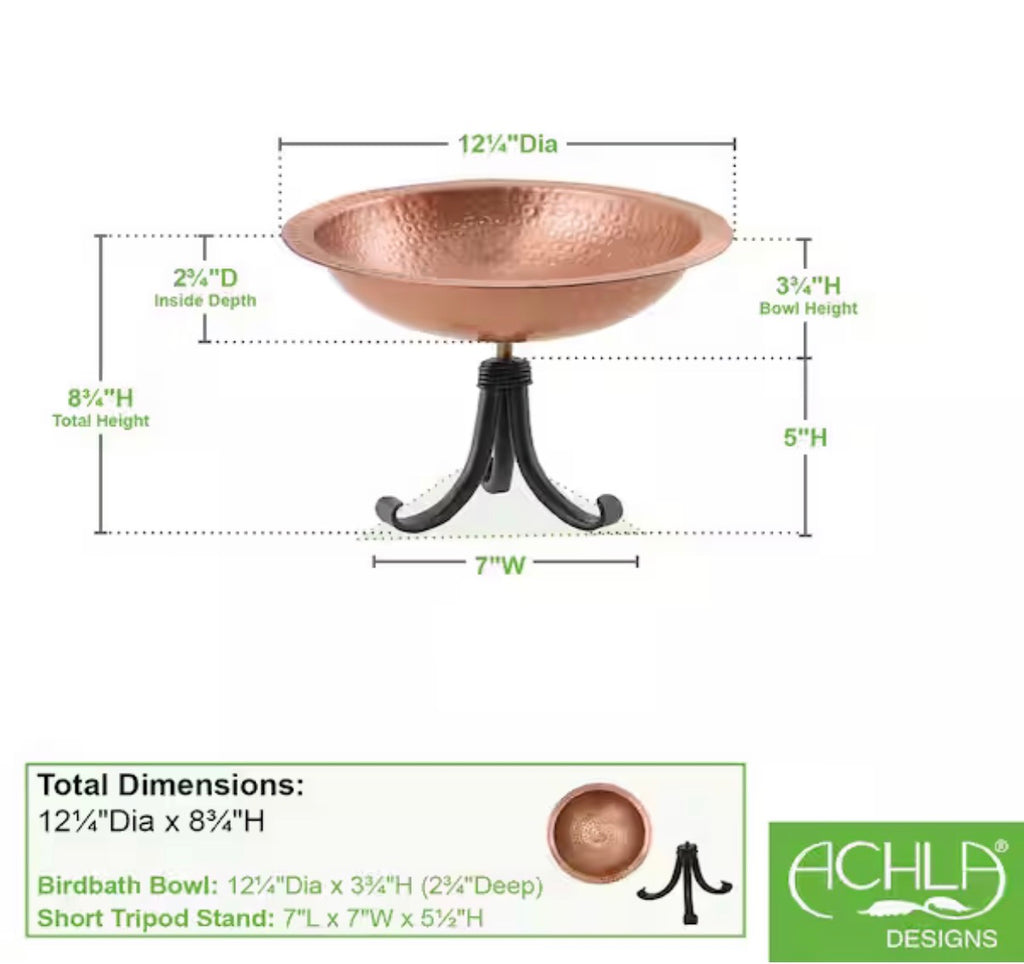Hammered Solid Copper Birdbath w/Tripod Stand