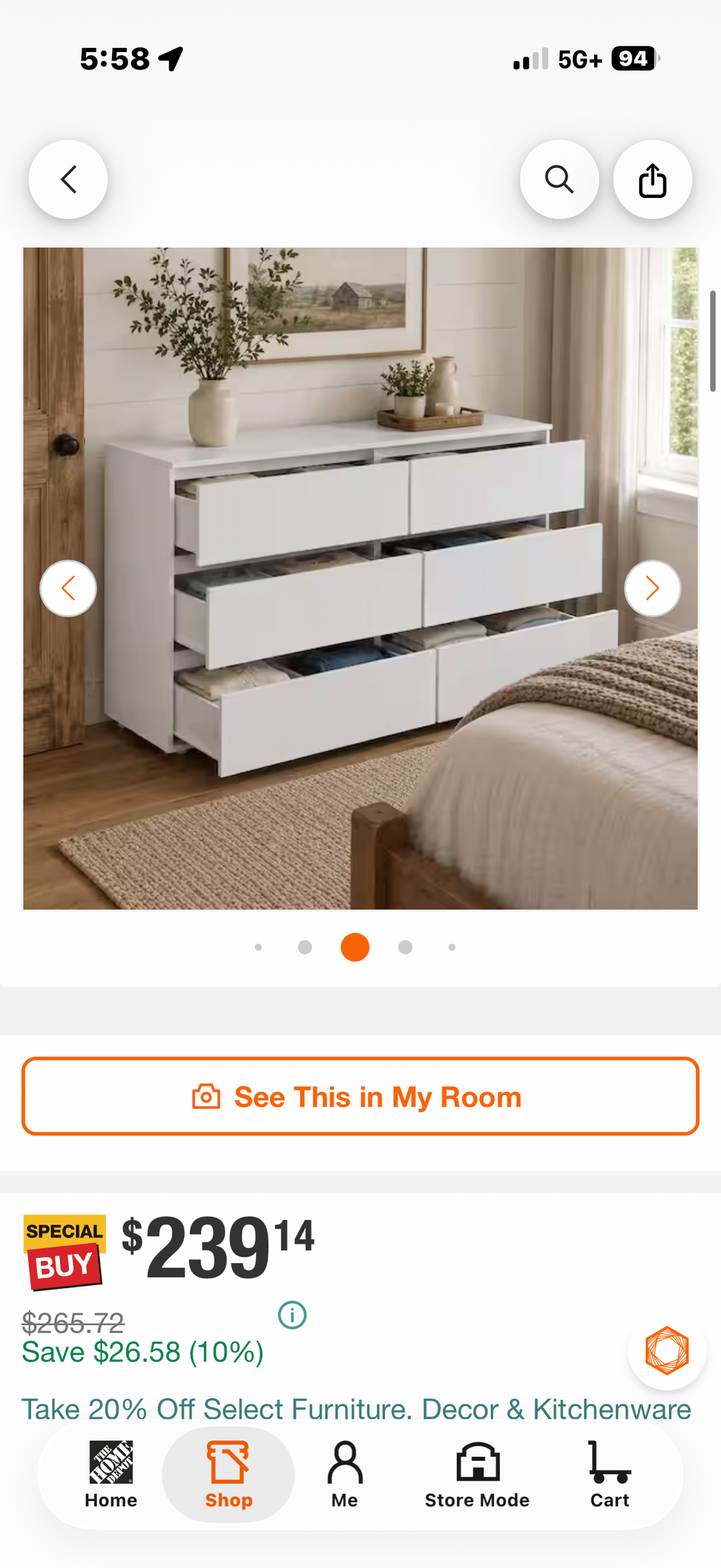 6-Drawers White Wood 59 in. W Dresser
