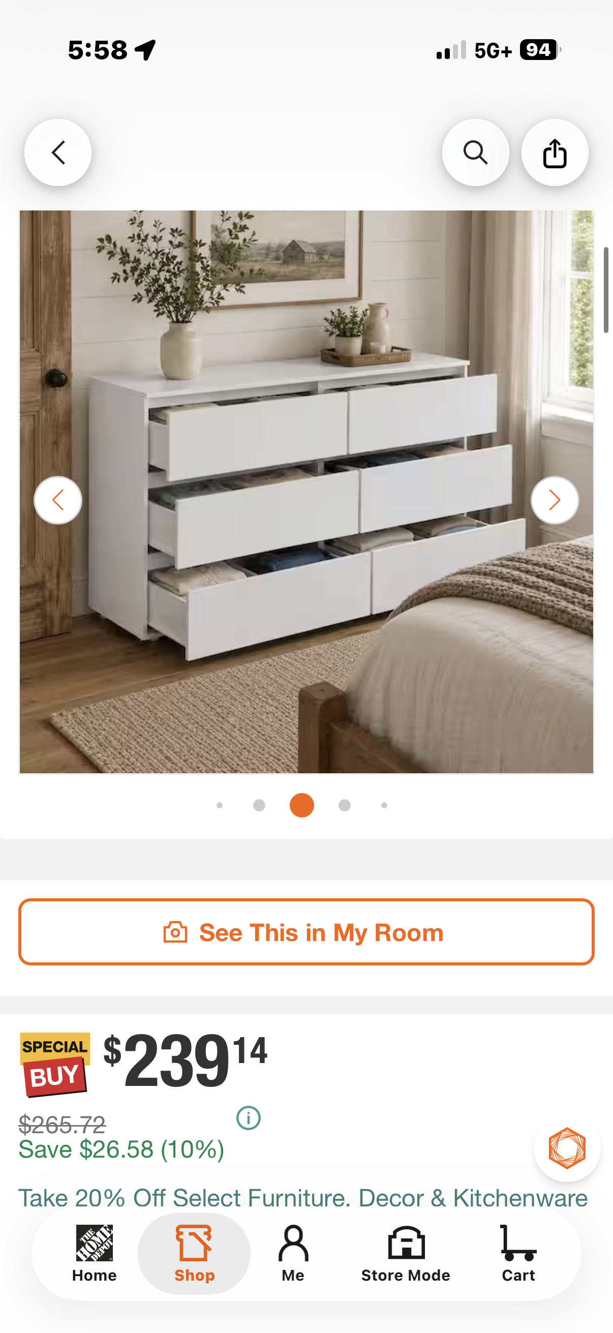 6-Drawers White Wood 59 in. W Dresser